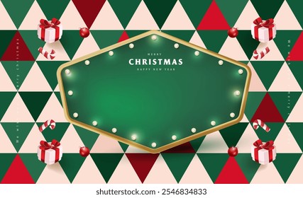 Merry Christmas sign banner frame with empty space and festive decoration on abstract background