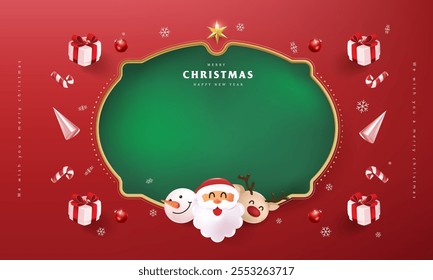 Merry Christmas sign banner frame with empty space and festive decoration on red background