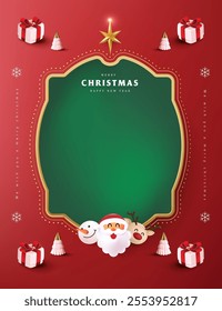 Merry Christmas sign banner frame with empty space and festive decoration on red background