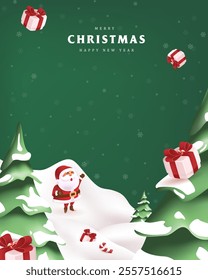 Merry Christmas sign banner frame with empty space and cute funny Santa Claus christmas landscape snow falling and gift box