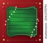 Merry Christmas sign banner green wood frame with empty space and festive decoration on red background