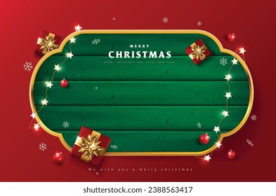 Merry Christmas sign banner green wood frame with empty space and festive decoration on red background