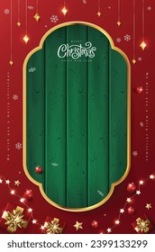 Merry Christmas sign banner green wood frame with empty space and festive decoration on red background