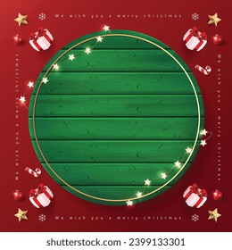 Merry Christmas sign banner green wood frame with empty space and festive decoration on red background