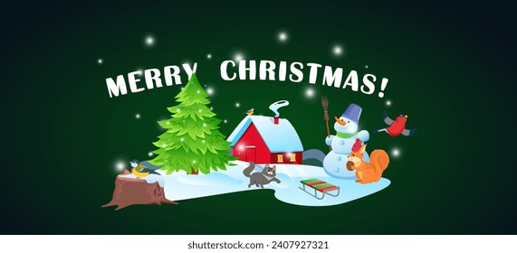 Merry Christmas sign banner green wood frame with empty space and festive decoration on red background