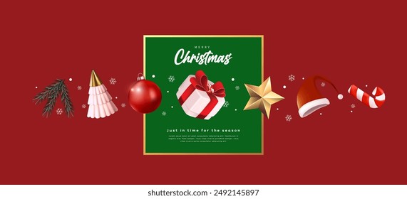 Merry Christmas sign banner green frame with elements of festive decoration on red background