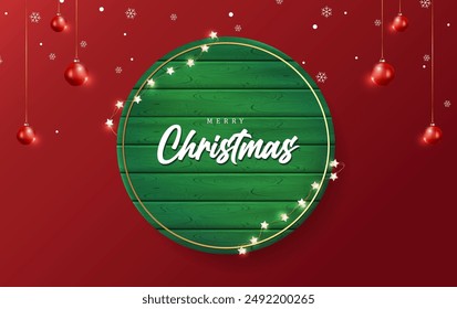 Merry Christmas sign banner green wood frame on red background