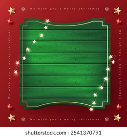 Merry Christmas sign banner green wood frame with empty space and festive decoration on red background