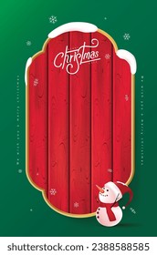 Merry Christmas sign banner red wood frame with empty space and snowman on green background