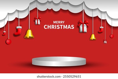 Merry Christmas sign with bells and presents hanging from the ceiling. The sign is on a red background