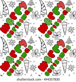 "Merry Christmas" sign doodle seamless pattern with holiday symbol elements. Anti stress coloring for adults