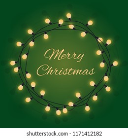 Merry Christmas sign in glowing bulb garland, decorative colored lamp garland, nice greeting card, vector illustration
