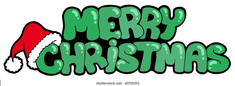 Merry Christmas Sign With Hat - Vector Illustration.