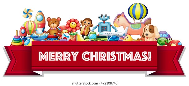 Merry Christmas sign with many toys illustration