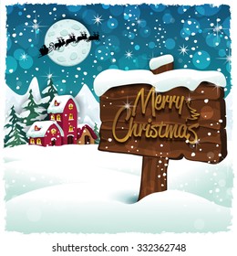 Merry Christmas sign on snowy mountain hut-Transparency blending effects and gradient mesh-EPS 10