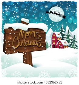 Merry Christmas sign on snowy mountain hut-Transparency blending effects and gradient mesh-EPS 10