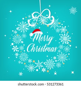 Merry christmas sign over beautiful snowflake winter wreath vector illustration. Perfect holiday decoration.