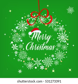 Merry christmas sign over beautiful snowflake winter wreath vector illustration. Perfect holiday decoration.