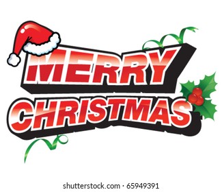 Merry Christmas sign with Santa Claus hat - vector illustration.