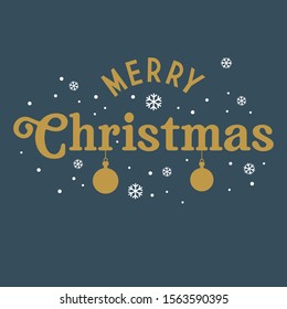 Merry christmas sign with snowflakes and decorative balls. Greeting card invitation with snow falling. Gold details.