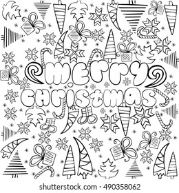 "Merry Christmas" sign with themed doodle sketchy illustration. Anti stress coloring page