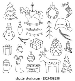 Merry Christmas signs set. Hand drawn doodle symbols.
