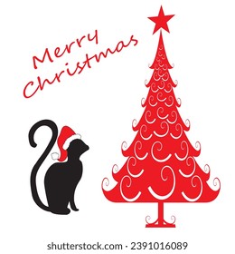 Merry Christmas Silhouette Cat with Red Tree
