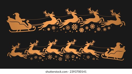 Merry Christmas. Silhouette Santa Claus in sleigh with deers flyin. Design elements for decoration holiday poster, flyer, greeting card. Vector illustration