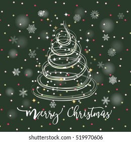 Merry Christmas silver tree card with silver-gold shiny curve line colors and snowfall bokeh and glitter star with green and background for Christmas Holiday, celebrate Christmas and Happy New Year.