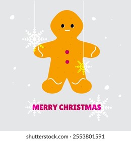 Merry Christmas. Simple card with gingerbread cookies, snowflakes and greeting lettering. Flat vector Christmas illustration.