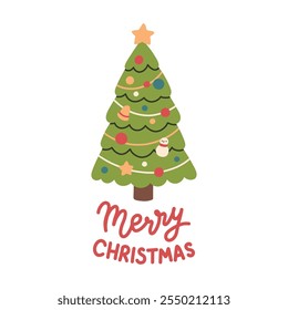 Merry Christmas simple card on white background with hand written text. Christmas tree flat design with christmas balls.