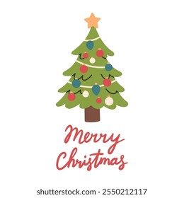 Merry Christmas simple card on white background with hand written text. Christmas tree flat design with christmas balls.