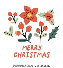 Merry Christmas simple card on white background with hand written text. Christmas flat design for poster, card, sticker.