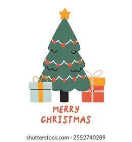 Merry Christmas simple card on white background with hand written text. Christmas tree with christmas balls. Flat christmas tree vector illustration