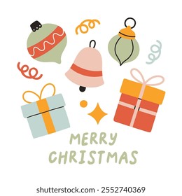 Merry Christmas simple card on white background with hand written text, presents, decorative balls and toys. Christmas flat design for poster, card, sticker. Flat christmas vector illustration