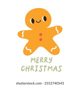 Merry Christmas simple card on white background with hand written text, gingerbread cookie. Christmas flat design for poster, card, sticker. Flat christmas vector illustration