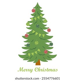 Merry Christmas simple card on white background with hand written text. Christmas tree flat design with christmas balls.