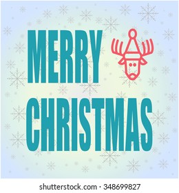 Merry Christmas simple card with Red Deer. Snowflakes background