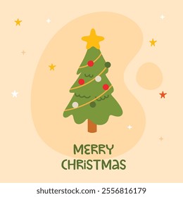 Merry Christmas simple card Christmas tree with garland Flat christmas tree illustration