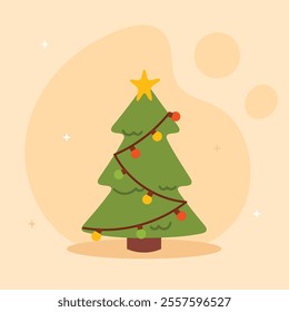Merry Christmas simple card Christmas tree with garland Flat christmas tree illustration