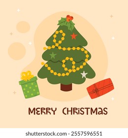 Merry Christmas simple card Christmas tree with decor Flat christmas tree illustration