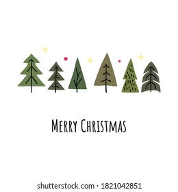 Merry Christmas, simple card with trees. Postcard with decorative forest graphic design elements. Doodle drawing. Different tree shapes.