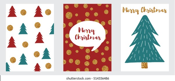 Merry Christmas simple cards with trees and gold sparkles