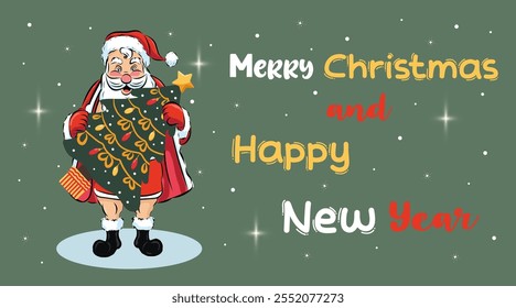 Merry Christmas simple greeting card on green background with handwritten text. Christmas tree flat design with christmas balls, bows.