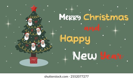 Merry Christmas simple greeting card on green background with handwritten text. Christmas tree flat design with christmas balls, bows.