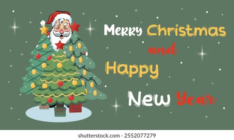Merry Christmas simple greeting card on green background with handwritten text. Christmas tree flat design with christmas balls, bows.