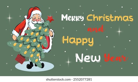 Merry Christmas simple greeting card on green background with handwritten text. Christmas tree flat design with christmas balls, bows.