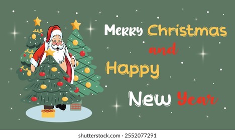Merry Christmas simple greeting card on green background with handwritten text. Christmas tree flat design with christmas balls, bows.