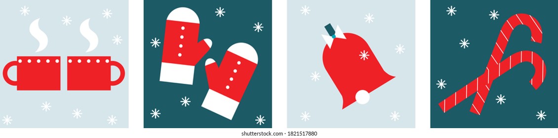 Merry Christmas. Simple icons New Year. Cartoon flat postcard. Hot tea, mittens, bell, lollipop, snow, snowflake, jolly, jingle, bell, firework. 
