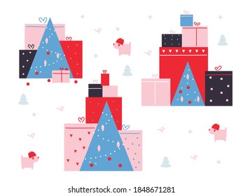 Merry Christmas simple illustration set. Abstract boxes, gifts, presents and Christmas tree. Nursery illustration set. Winter happy holiday. Flat geometric style. 